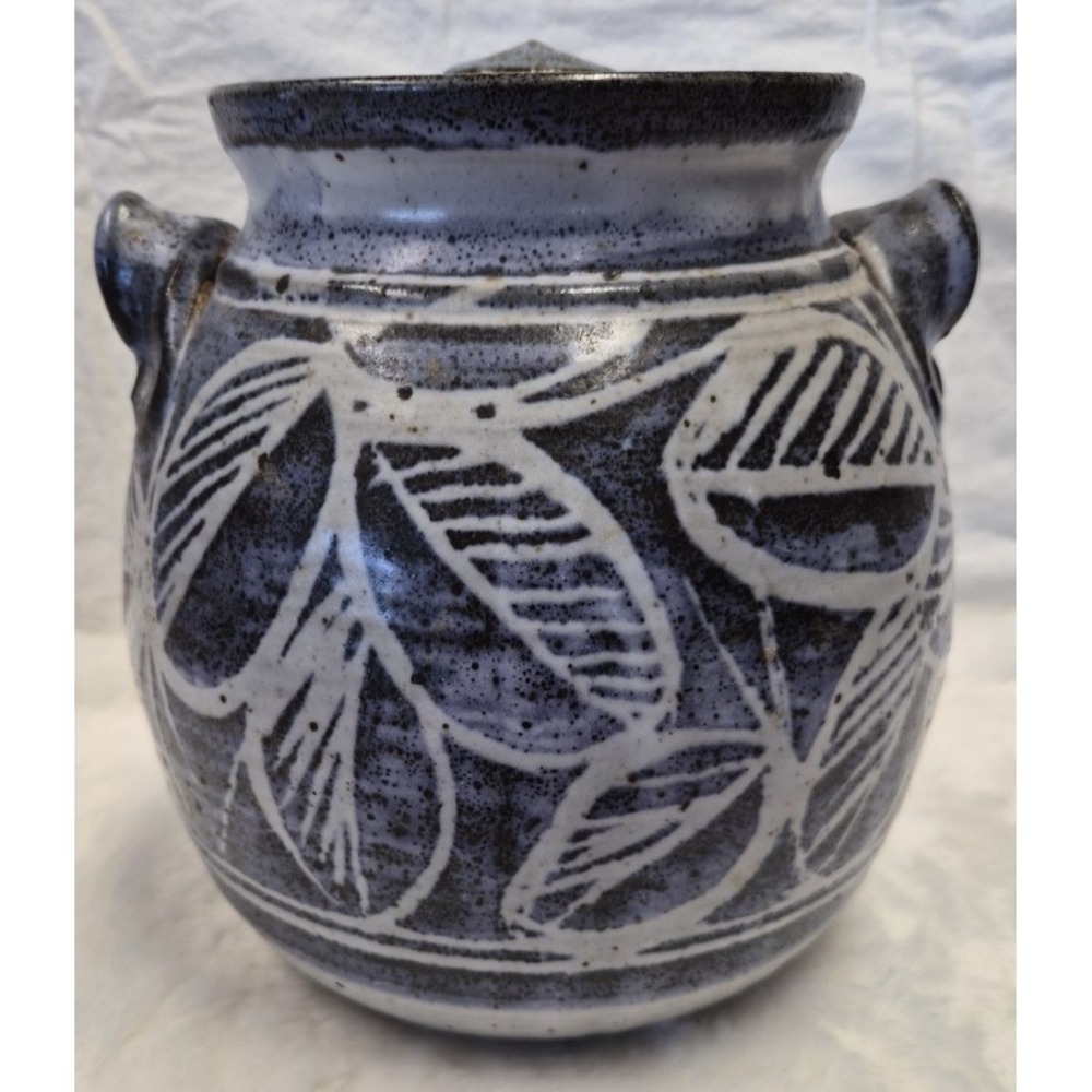 Blue Floral Art Pottery Jar 8.5 tall with Lid‎